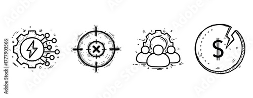 Hand-drawn doodle icons: technology, target, team, finance concepts