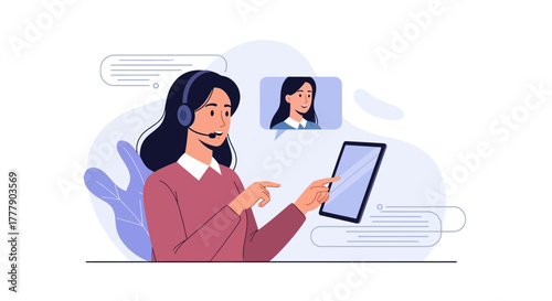 Customer Service Representative Using Tablet for Online Communication and Video Call