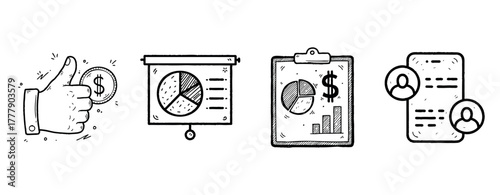 Hand-drawn business icons: thumbs up, charts, financial data, communication