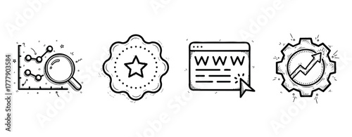 Hand-drawn business icons: analytics, badge, website, gear chart