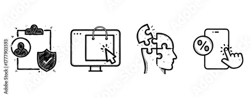 Digital security, online shopping, creative thinking, and mobile discounts icons set