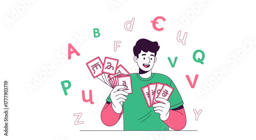 Enthusiastic Person Holding Cards Surrounded by Letters and Symbols in a Vector Illustration