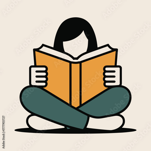 Person sitting cross legged reading an open orange book vector