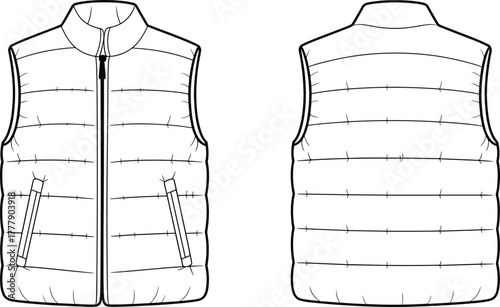 Men’s sleeveless puffer vest technical flat sketch front and back view, quilted body warmer with zipper and pockets, outdoor winter apparel template, cad drawing flat vector illustration