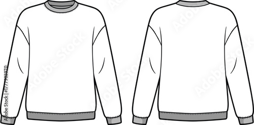 Minimal CAD streetwear flat vector illustration of front and back sweatshirt template, fashion technical drawing for apparel design, unisex clothing mockup, minimalist garment concept