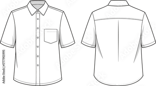 Men’s short sleeve casual button-up shirt front and back technical fashion drawing with chest pocket and stitching detail, professional apparel design cad drawing flat vector illustration