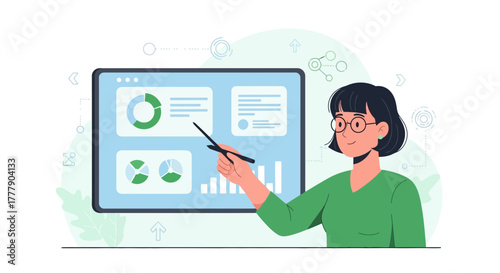 Digital Presentation Explainer Depicting Data Analysis, Showing Charts, Graphs, and Statistics