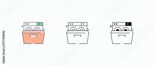 Dishwasher icon multiple styles, including flat, line, glyph, and colored variations. Vector stock illustration