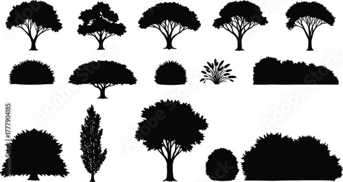 Tree silhouettes, shrub shapes, botanical illustration, nature icons, forest elements, landscape design, plant forms, foliage diversity, vector trees, garden assets