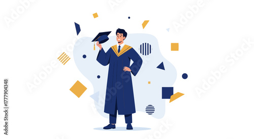 Graduation Illustration Featuring Student in Academic Regalia Celebrating With Geometric Shapes