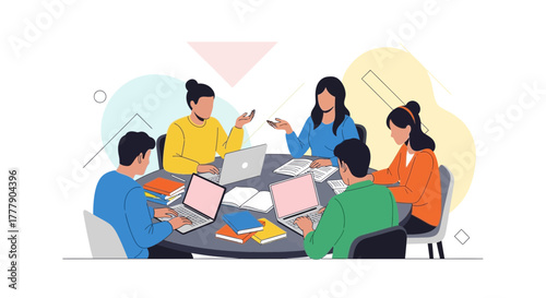 Group Of People Working Together Collaboratively On A Project With Laptops And Books