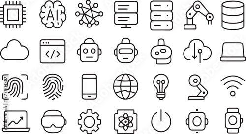 Digital technology and ai outline icons, data, network, robotics