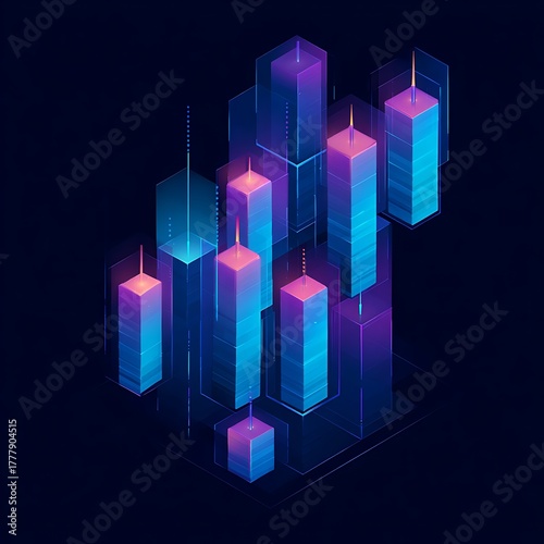 Stunning isometric digital city with illuminated structures, representing powerful analytics, big data, and cloud computing