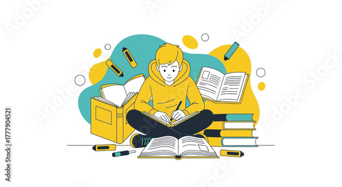 Illustration Of A Student Engaged In Reading, Studying And Concentrating