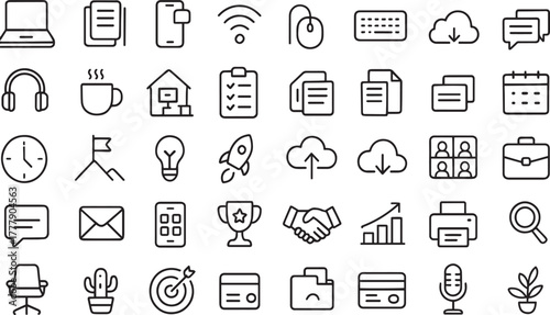 Business technology communication office general icons line art set