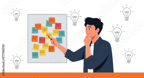 Innovative Businessman Presenting Ideas With A Board Of Colorful Sticky Notes and Light Bulbs