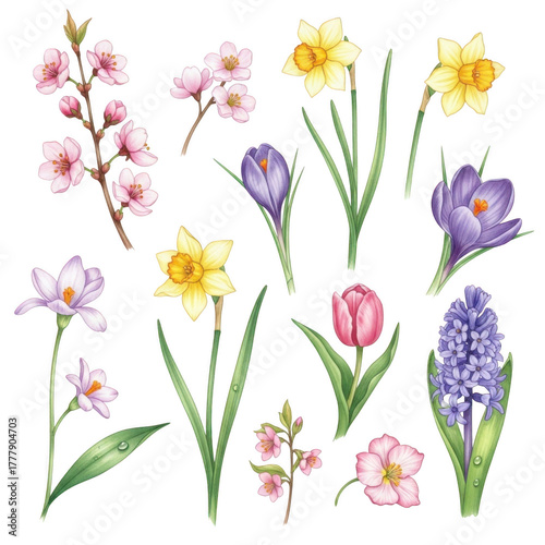 Beautiful spring flowers collection delicate blossoms daffodils tulips hyacinths and crocuses isolated on transparent background
