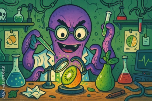 Amusing octopus scientist conducting a whimsical fruit experiment in a cartoon lab
