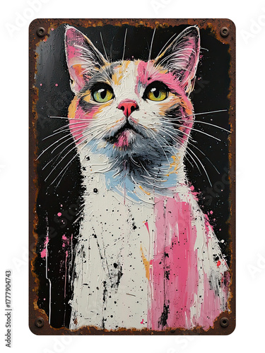 Rusty Metal Sign PNG-transparent. A  colorful cat portrait featuring heavy impasto brushwork in pink, white, and black tones. The piece sits against a dark backdrop within a rusty, weathered frame,