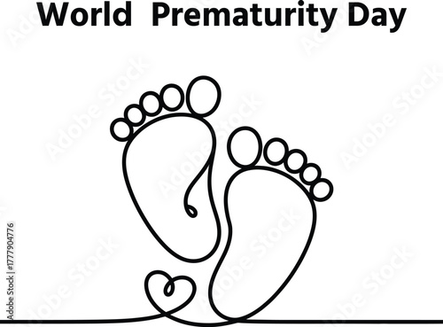 World prematurity day vector: baby footprints and heart line art