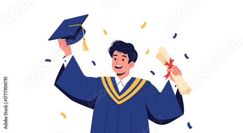 Joyful Graduate Celebrating Success With Diploma, and Graduation Cap Surrounded by Confetti