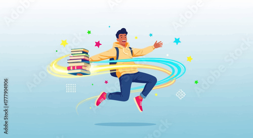 Joyful Student Expressing Excitement While Jumping With Books Representing Academic Cheer