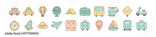 Flat Cute Travel and Adventure Illustration with Airplane, Luggage, Camera, Scooter, Map, Compass, Hot Air Balloon, Tent, Taxi, Bus, Boat, Rocket, and Globe in Pastel Colors for Vacation and Journey C