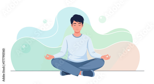 Meditating Man in Lotus Position with Gentle Pastel Background Represents Serenity and Mindfulness