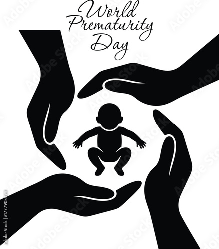 World prematurity day caring hands protect infant on white background.