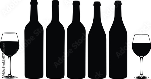 Wine bottles and glasses silhouette, elegant drink setup, minimalist bar decor, black and white contrast, symmetrical composition, alcohol concept image