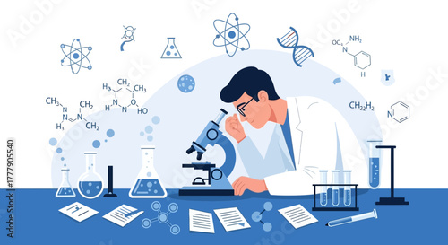 Scientist Exploring Scientific Discoveries Laboratory With Test Tubes and Molecules in Focus.