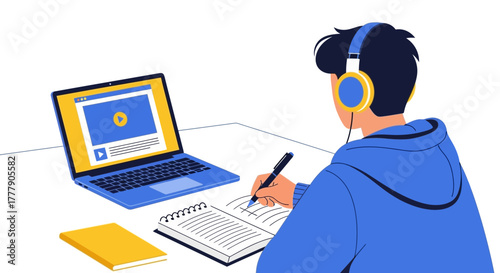 Online Learning Illustrated: Young Student Engaged in Video Tutorial and Note-Taking