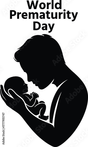 World prematurity day silhouette; loving parent holds small baby.