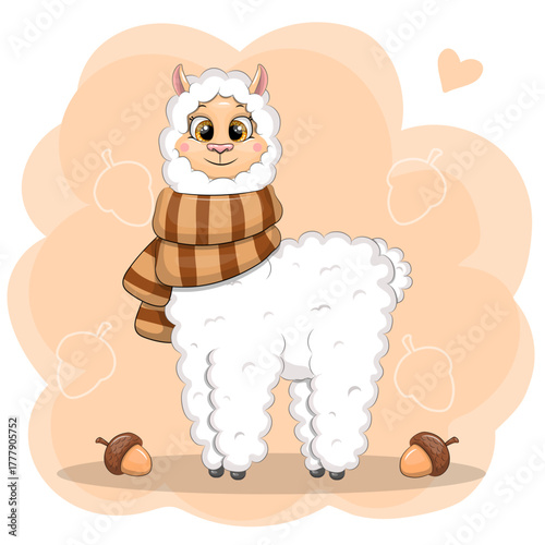 Cute cartoon Llama and acorns. Autumn Vector illustration of animal on orange background.