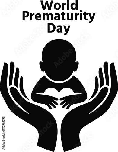 World prematurity day baby in hands care support silhouette icon