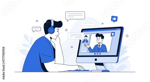 Online Meeting Illustrative Scene Showing Communication, Digital Interaction, And Modern Technology