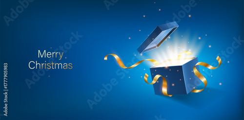 Blue opened 3d realistic gift box with magical shining glow and golden ribbons flying off cover, place for your text vector illustration