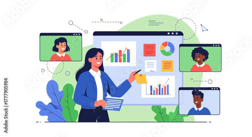 Online Meeting Presentation Illustration Featuring Businesswoman Leads Remote Team Meeting