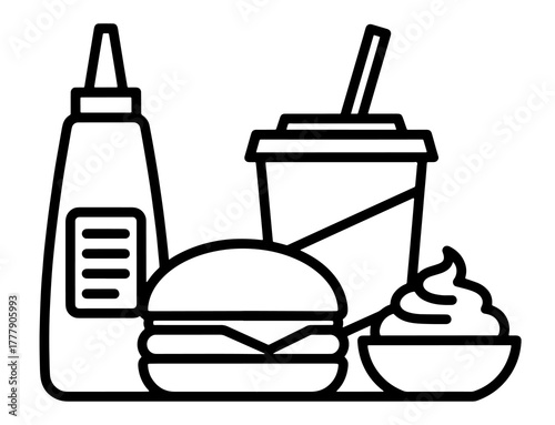 Burger, drink, and sauces