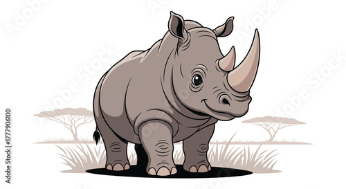 A friendly cartoon rhinoceros with a happy expression stands confidently in a stylized African savanna, featuring trees and grass.