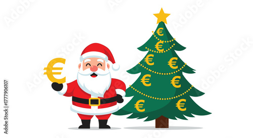 Santa Claus brings financial cheer for the holidays, standing next to a festive Christmas tree adorned with euro currency symbols.