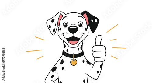 A friendly cartoon Dalmatian dog, with its signature black spots and a collar, happily gives a thumbs-up gesture, signaling approval or success.