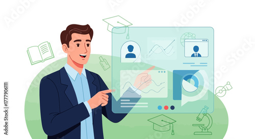 Online Presentation Illustrating Education, Business Charts, And Technological Progress