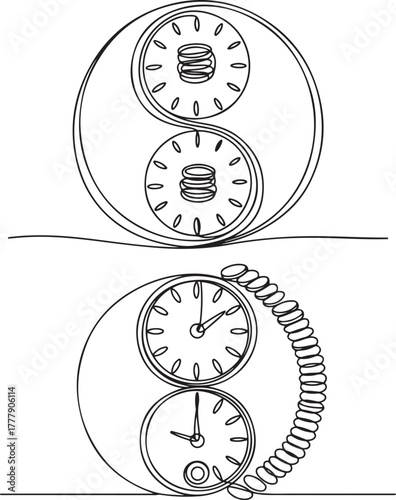 Continuous line art of a yin yang symbol intertwined with coins and clocks representing time and money