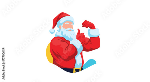 Muscular Santa Claus in his traditional red suit, flexing his biceps and giving a thumbs-up, embodying strength and festive cheer.