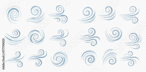 Collection of blue wind swirls and air movement icons on a transparent background.