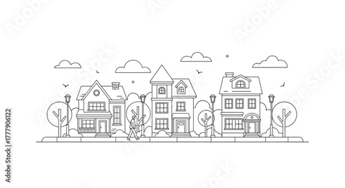 Line art illustration of a picturesque suburban street featuring residential homes, lush trees, street lamps, and a person taking a peaceful walk.