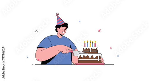 A cheerful man wearing a party hat slices a festive two-tiered birthday cake topped with colorful lit candles for a celebration.