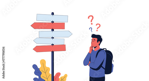 Young man with a backpack contemplating a major life decision at a crossroads, with blank directional signs causing confusion.