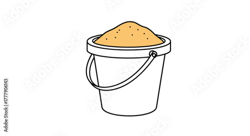 A minimalist cartoon illustration of a white bucket overflowing with golden sand, perfect for a day of play on the beach.